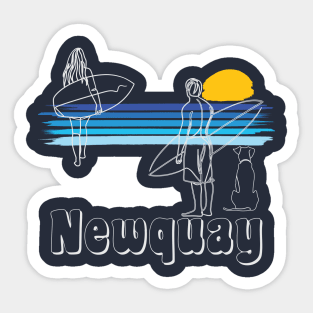 Newquay Cornwall Surf Girl and Guy with a Dog, line art Surfers Sticker